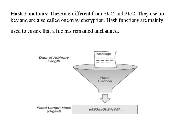 Hash Functions: These are different from SKC and PKC. They use no key and Hash Functions: These are different from SKC and PKC. They use no key and