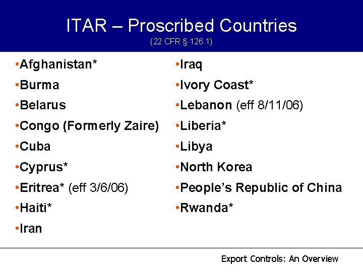 ITAR – Proscribed Countries (22 CFR § 126. 1) • Afghanistan* • Iraq • ITAR – Proscribed Countries (22 CFR § 126. 1) • Afghanistan* • Iraq •