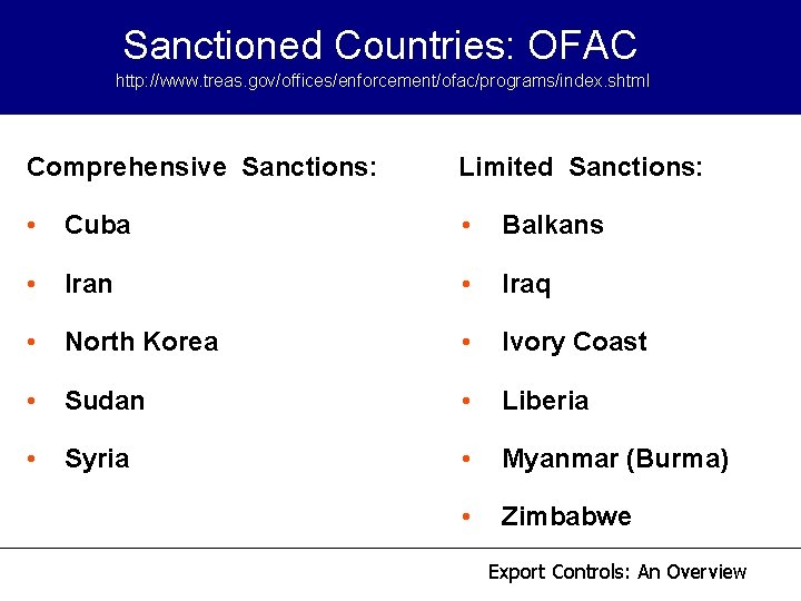 Sanctioned Countries: OFAC http: //www. treas. gov/offices/enforcement/ofac/programs/index. shtml Comprehensive Sanctions: Limited Sanctions: • Cuba Sanctioned Countries: OFAC http: //www. treas. gov/offices/enforcement/ofac/programs/index. shtml Comprehensive Sanctions: Limited Sanctions: • Cuba