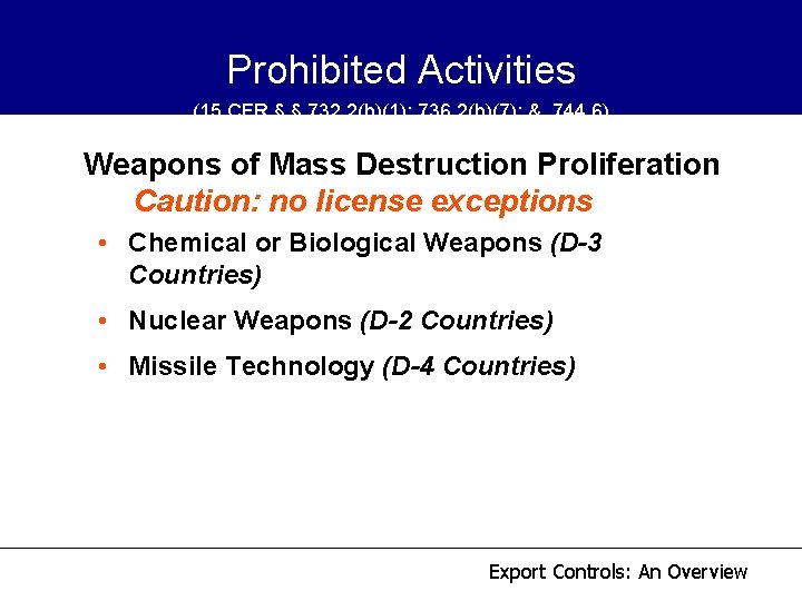 Prohibited Activities (15 CFR § § 732. 2(b)(1); 736. 2(b)(7); & 744. 6) Weapons Prohibited Activities (15 CFR § § 732. 2(b)(1); 736. 2(b)(7); & 744. 6) Weapons