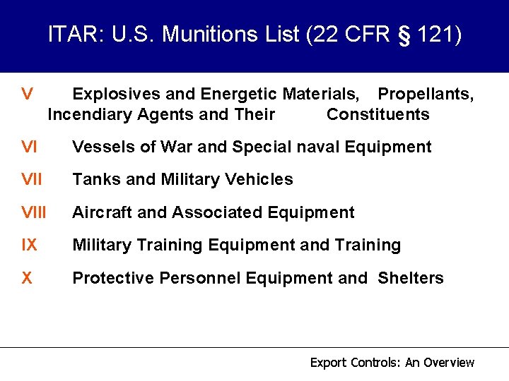 ITAR: U. S. Munitions List (22 CFR § 121) V Explosives and Energetic Materials, ITAR: U. S. Munitions List (22 CFR § 121) V Explosives and Energetic Materials,