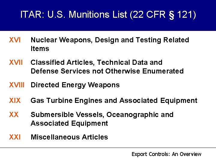 ITAR: U. S. Munitions List (22 CFR § 121) XVI Nuclear Weapons, Design and ITAR: U. S. Munitions List (22 CFR § 121) XVI Nuclear Weapons, Design and