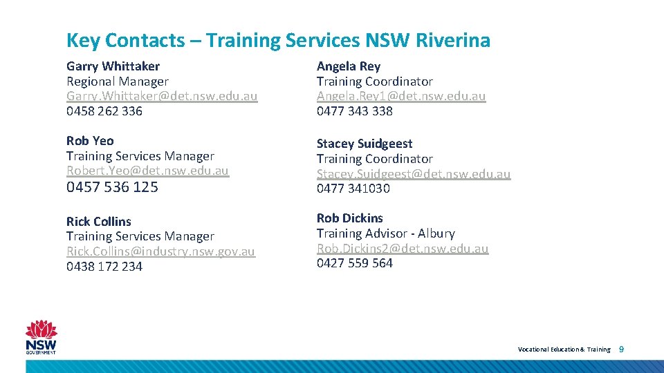 Key Contacts – Training Services NSW Riverina Garry Whittaker Regional Manager Garry. Whittaker@det. nsw.