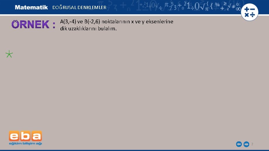 DOĞRUSAL DENKLEMLER A(3, -4) ve B(-2, 6) noktalarının x ve y eksenlerine dik uzaklıklarını