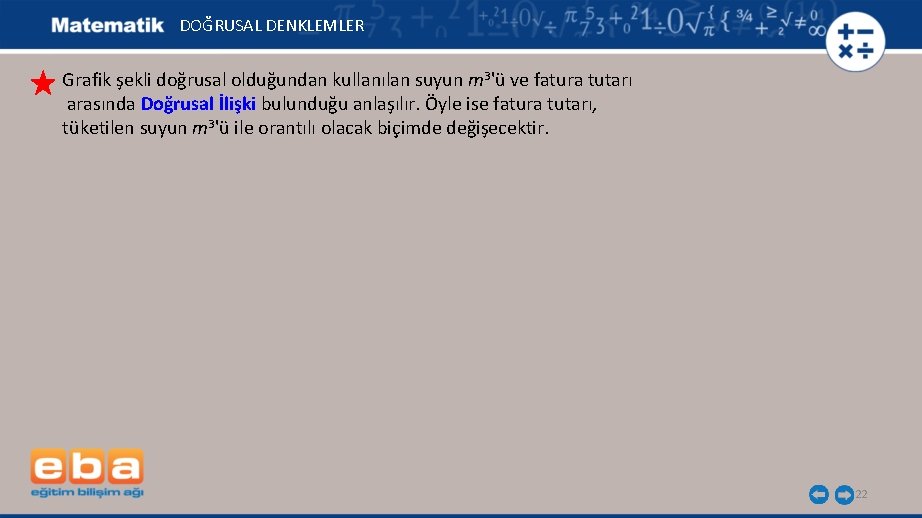 DOĞRUSAL DENKLEMLER Grafik şekli doğrusal olduğundan kullanılan suyun m 3'ü ve fatura tutarı arasında