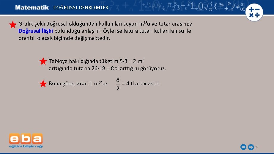 DOĞRUSAL DENKLEMLER Grafik şekli doğrusal olduğundan kullanılan suyun m 3'ü ve tutar arasında Doğrusal