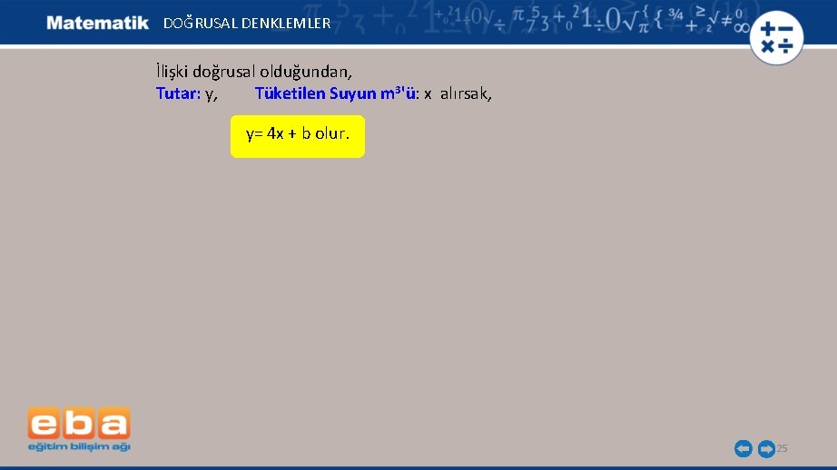 DOĞRUSAL DENKLEMLER İlişki doğrusal olduğundan, Tutar: y, Tüketilen Suyun m 3'ü: x alırsak, y=