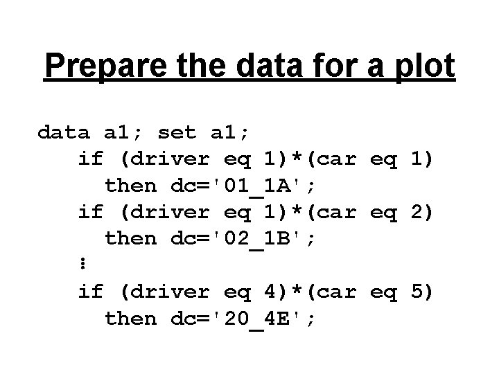 Prepare the data for a plot data a 1; set a 1; if (driver