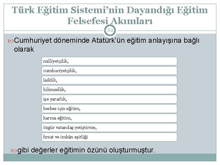 Türk Eğitim Sistemi’nin Dayandığı Eğitim Felsefesi Akımları 82 Cumhuriyet döneminde Atatürk’ün eğitim anlayışına bağlı