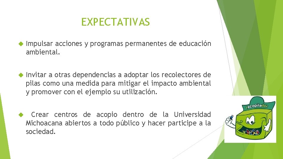 EXPECTATIVAS Impulsar acciones y programas permanentes de educación ambiental. Invitar a otras dependencias a