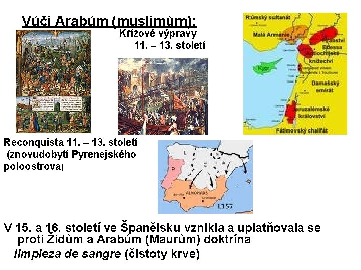 Vůči Arabům (muslimům): Křížové výpravy 11. – 13. století Reconquista 11. – 13. století