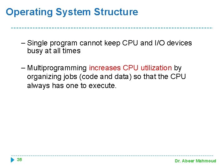 Operating System Structure – Single program cannot keep CPU and I/O devices busy at