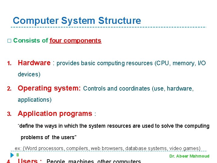 Computer System Structure � 1. Consists of four components Hardware : provides basic computing