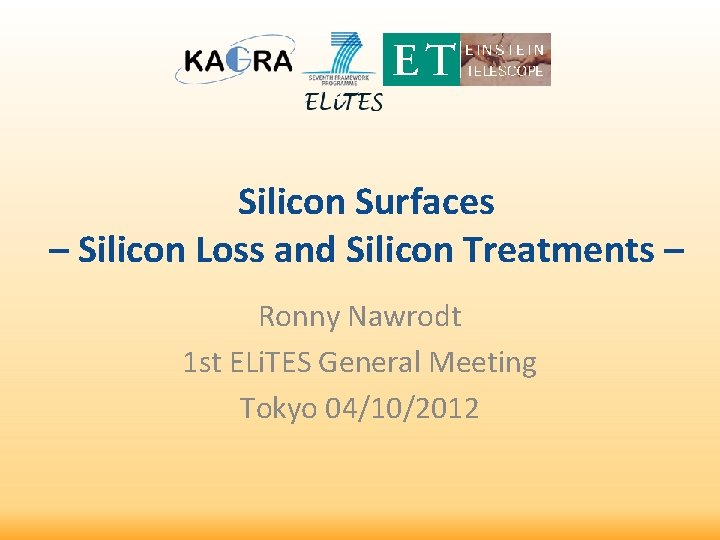 Silicon Surfaces – Silicon Loss and Silicon Treatments – Ronny Nawrodt 1 st ELi.