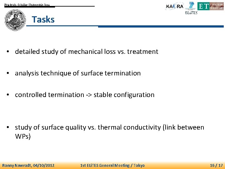 Friedrich-Schiller-Universität Jena Tasks • detailed study of mechanical loss vs. treatment • analysis technique