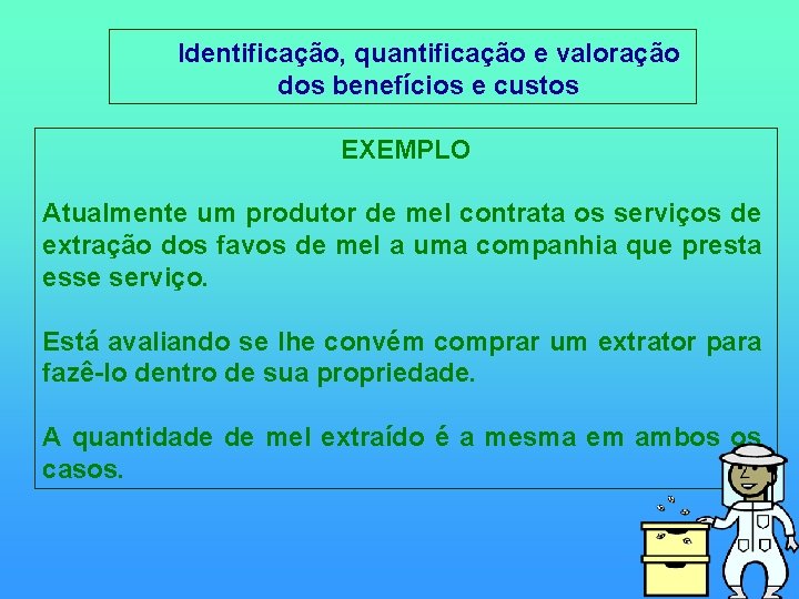  Identificação, quantificação e valoração dos benefícios e custos EXEMPLO Atualmente um produtor de