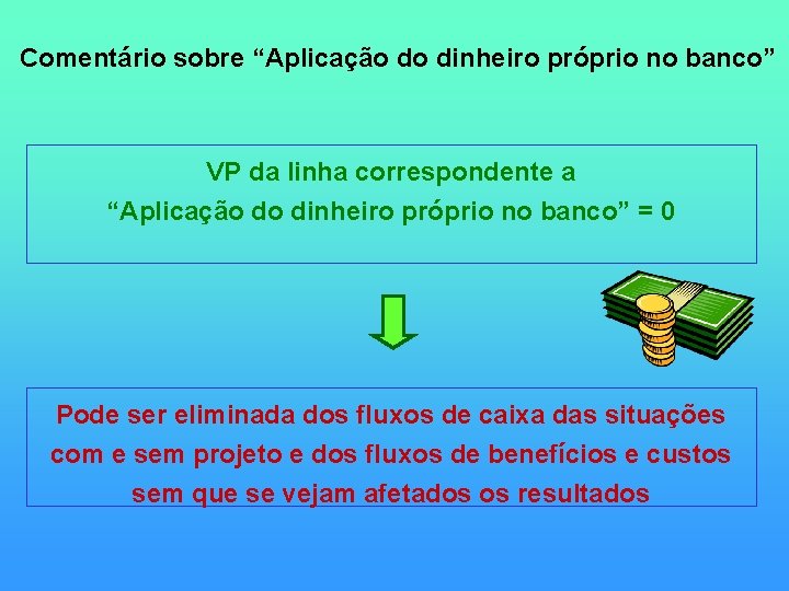 Comentário sobre “Aplicação do dinheiro próprio no banco” VP da linha correspondente a “Aplicação Comentário sobre “Aplicação do dinheiro próprio no banco” VP da linha correspondente a “Aplicação