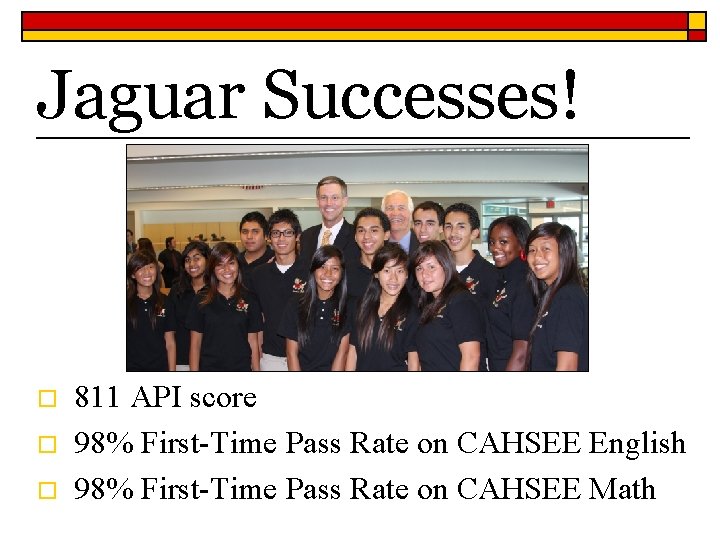 Jaguar Successes! o o o 811 API score 98% First-Time Pass Rate on CAHSEE