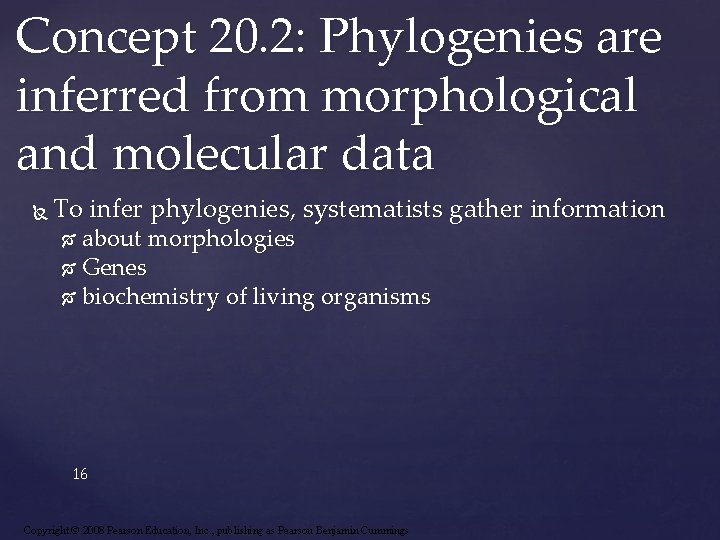 Concept 20. 2: Phylogenies are inferred from morphological and molecular data To infer phylogenies,