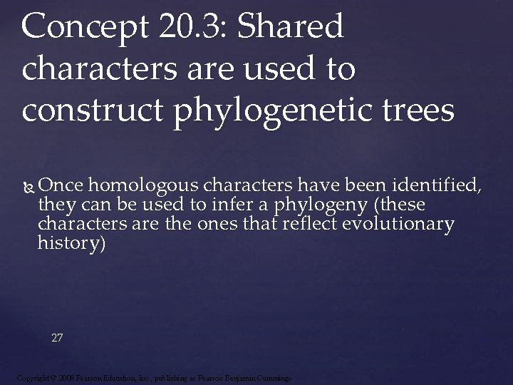 Concept 20. 3: Shared characters are used to construct phylogenetic trees Once homologous characters