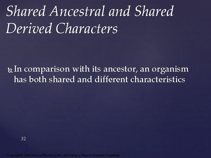 Shared Ancestral and Shared Derived Characters In comparison with its ancestor, an organism has