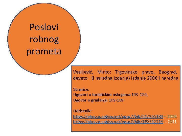 Poslovi robnog prometa Vasiljević, Mirko: Trgovinsko pravo, Beograd, deveto (i naredna izdanja) izdanje 2006