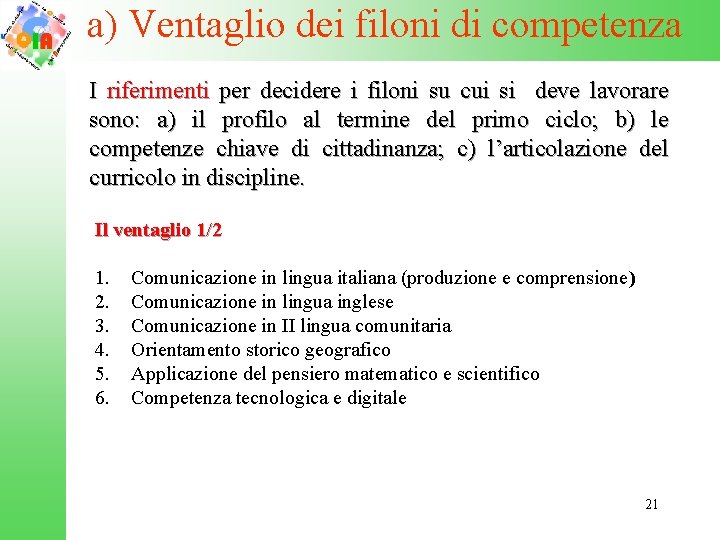 a) Ventaglio dei filoni di competenza I riferimenti per decidere i filoni su cui