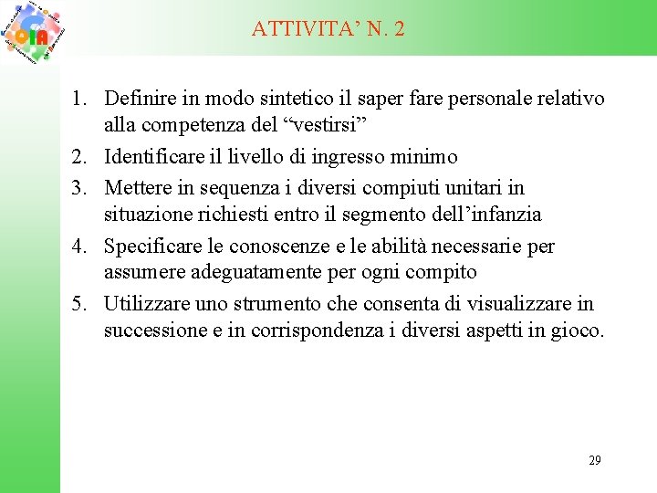ATTIVITA’ N. 2 1. Definire in modo sintetico il saper fare personale relativo alla