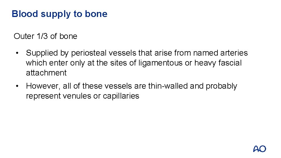 Blood supply to bone Outer 1/3 of bone • Supplied by periosteal vessels that