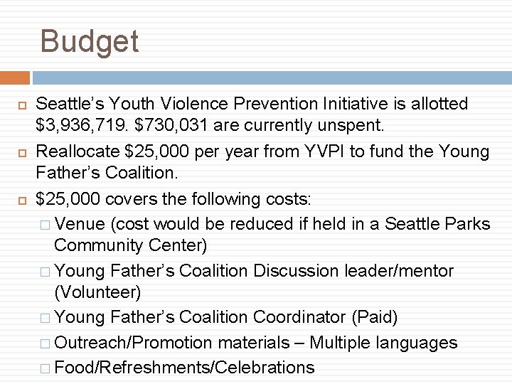 Budget Seattle’s Youth Violence Prevention Initiative is allotted $3, 936, 719. $730, 031 are