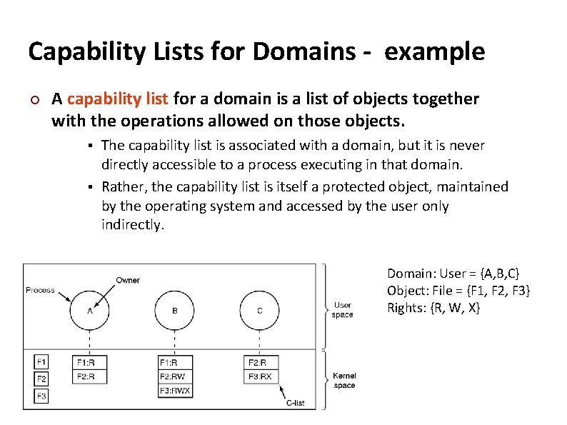 Carnegie Mellon Capability Lists for Domains - example ¢ A capability list for a