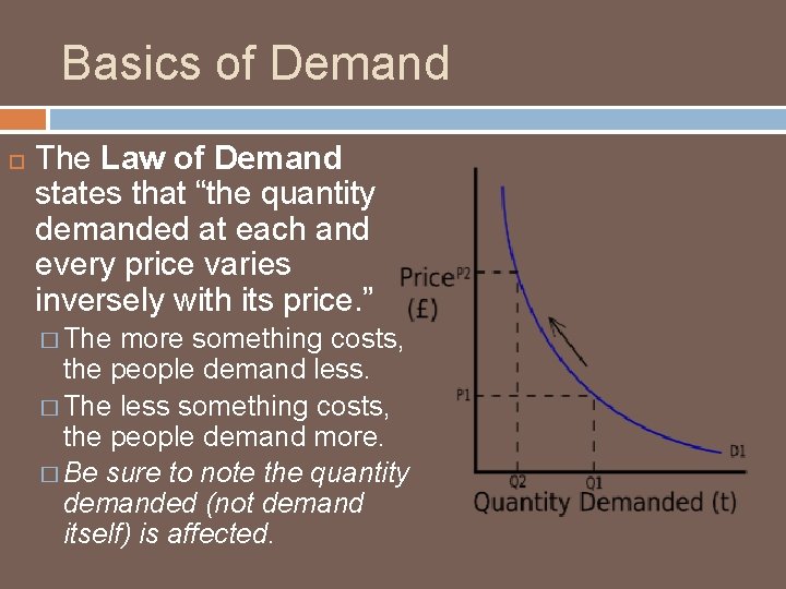 Basics of Demand The Law of Demand states that “the quantity demanded at each