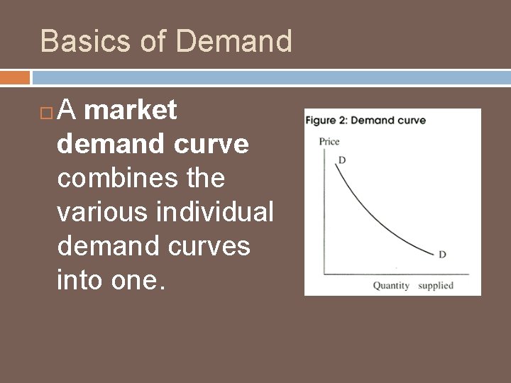 Basics of Demand A market demand curve combines the various individual demand curves into