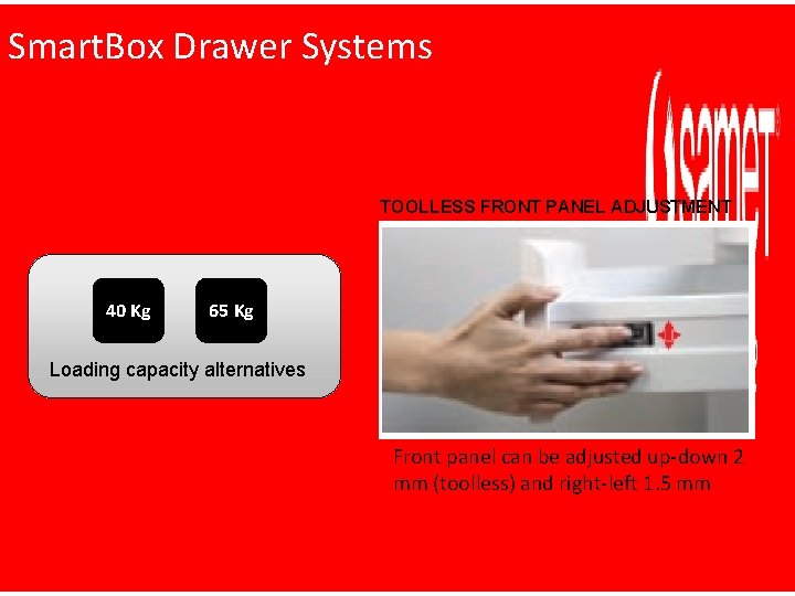 Smart. Box Drawer Systems TOOLLESS FRONT PANEL ADJUSTMENT 40 Kg 65 Kg Loading capacity