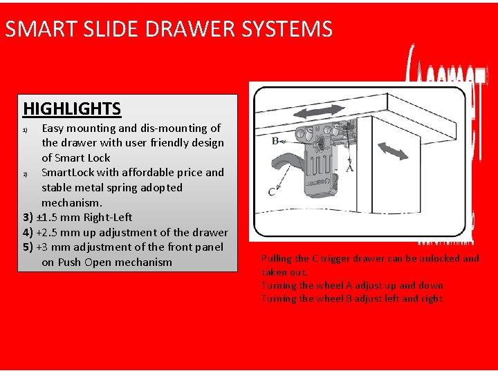 SMART SLIDE DRAWER SYSTEMS HIGHLIGHTS Easy mounting and dis-mounting of the drawer with user