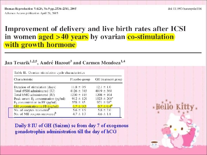 Daily 8 IU of GH (Saizen) sc from day 7 of exogenous gonadotrophin administration