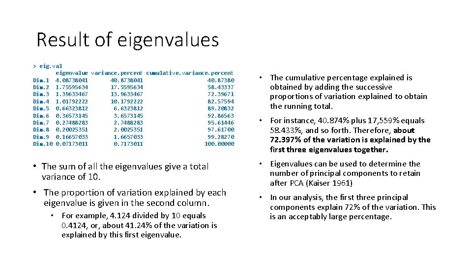Result of eigenvalues > eig. val eigenvalue variance. percent cumulative. variance. percent Dim. 1