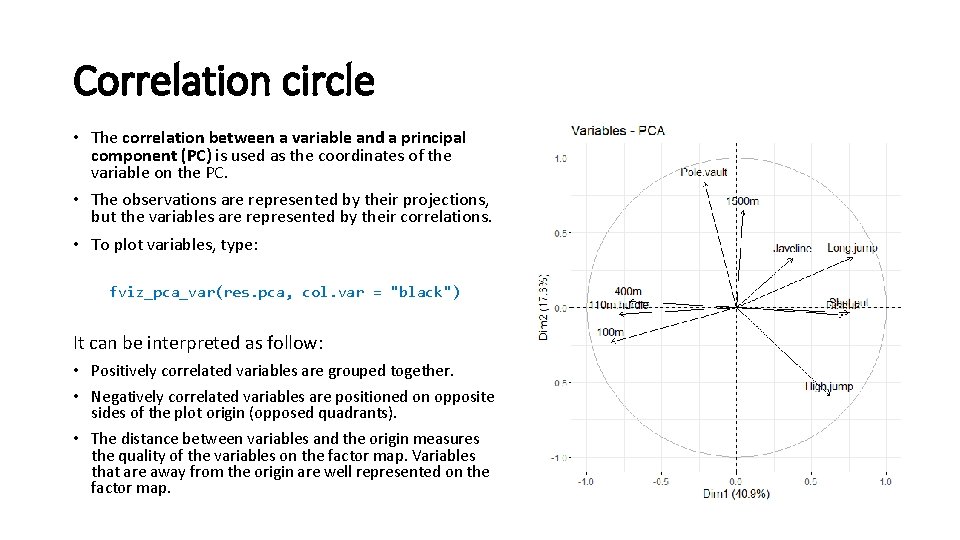 Correlation circle • The correlation between a variable and a principal component (PC) is