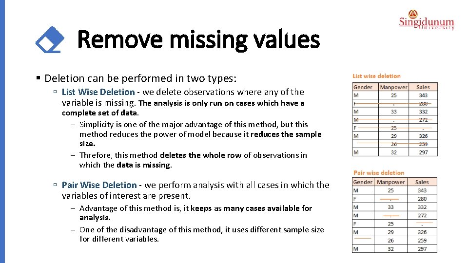 Remove missing values § Deletion can be performed in two types: ú List Wise