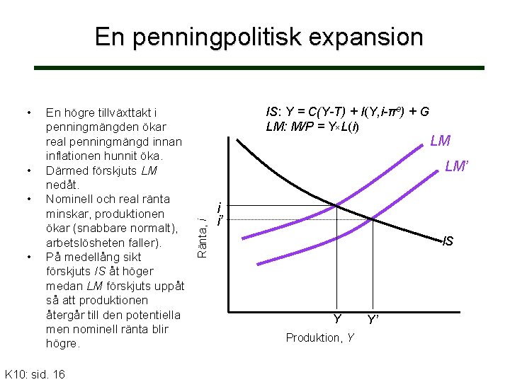 En penningpolitisk expansion • • • En högre tillväxttakt i penningmängden ökar real penningmängd