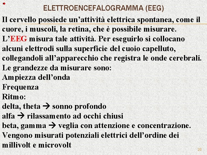 ELETTROENCEFALOGRAMMA (EEG) Il cervello possiede un’attività elettrica spontanea, come il cuore, i muscoli, la