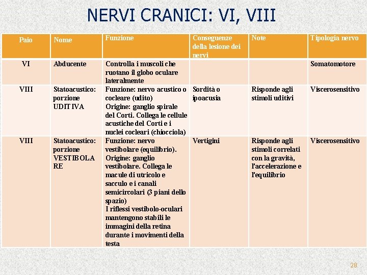 NERVI CRANICI: VI, VIII Paio VI Nome Funzione Abducente Controlla i muscoli che ruotano