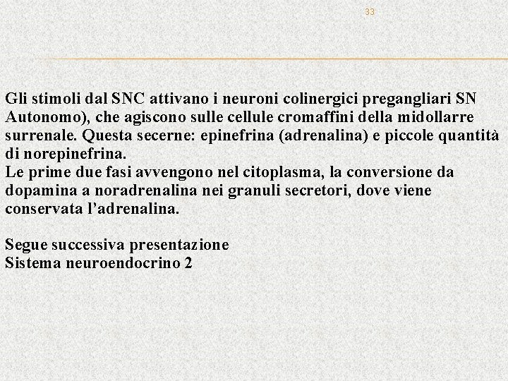 33 Gli stimoli dal SNC attivano i neuroni colinergici pregangliari SN Autonomo), che agiscono