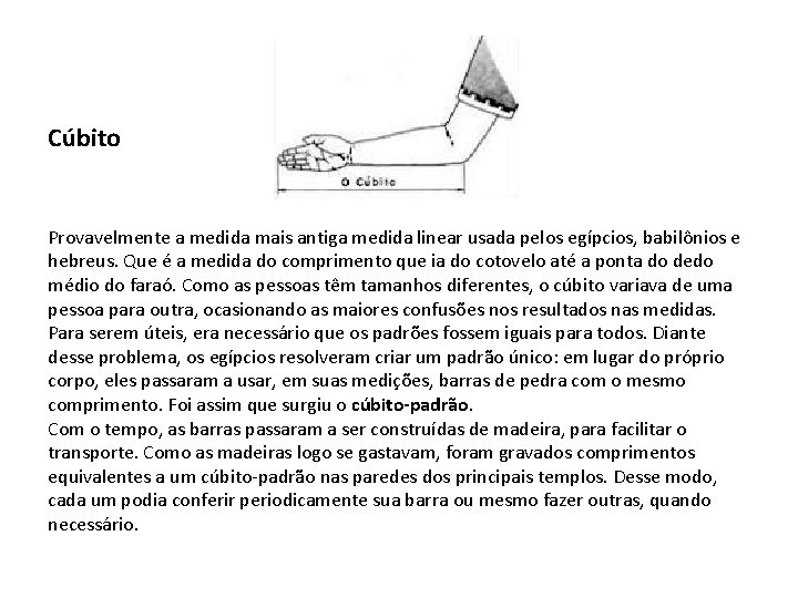 Cúbito Provavelmente a medida mais antiga medida linear usada pelos egípcios, babilônios e hebreus.