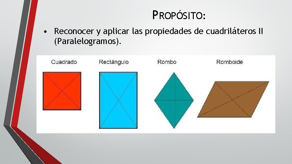 PROPÓSITO: • Reconocer y aplicar las propiedades de cuadriláteros II (Paralelogramos). 