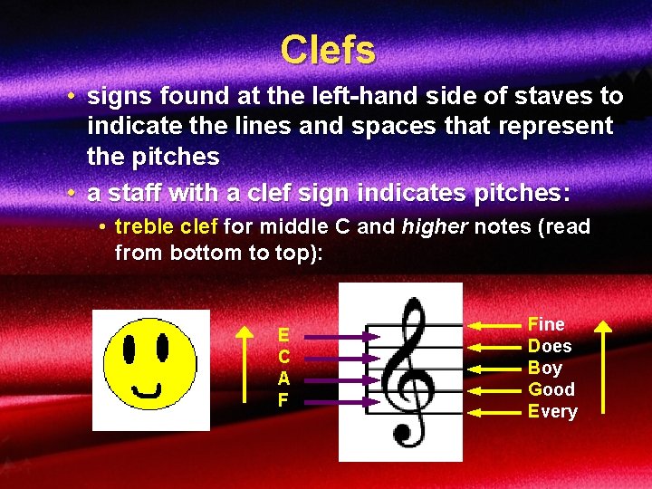 Clefs • signs found at the left-hand side of staves to indicate the lines