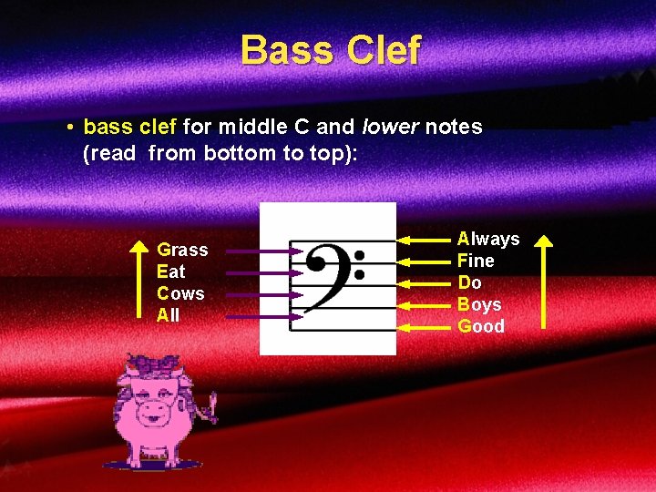 Bass Clef • bass clef for middle C and lower notes (read from bottom