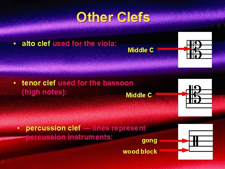 Other Clefs • alto clef used for the viola: Middle C • tenor clef