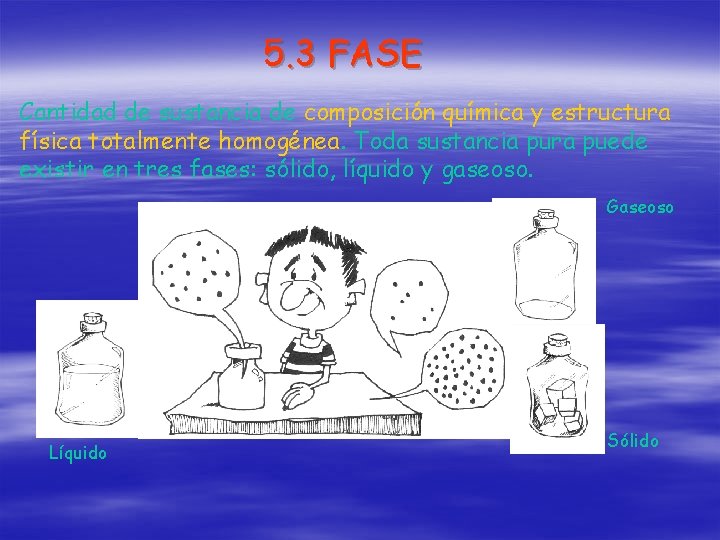 5. 3 FASE Cantidad de sustancia de composición química y estructura física totalmente homogénea.