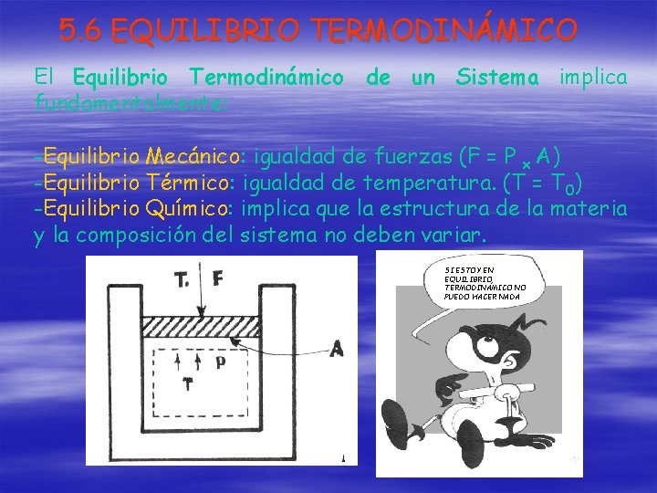 5. 6 EQUILIBRIO TERMODINÁMICO El Equilibrio Termodinámico de un Sistema implica fundamentalmente: -Equilibrio Mecánico: